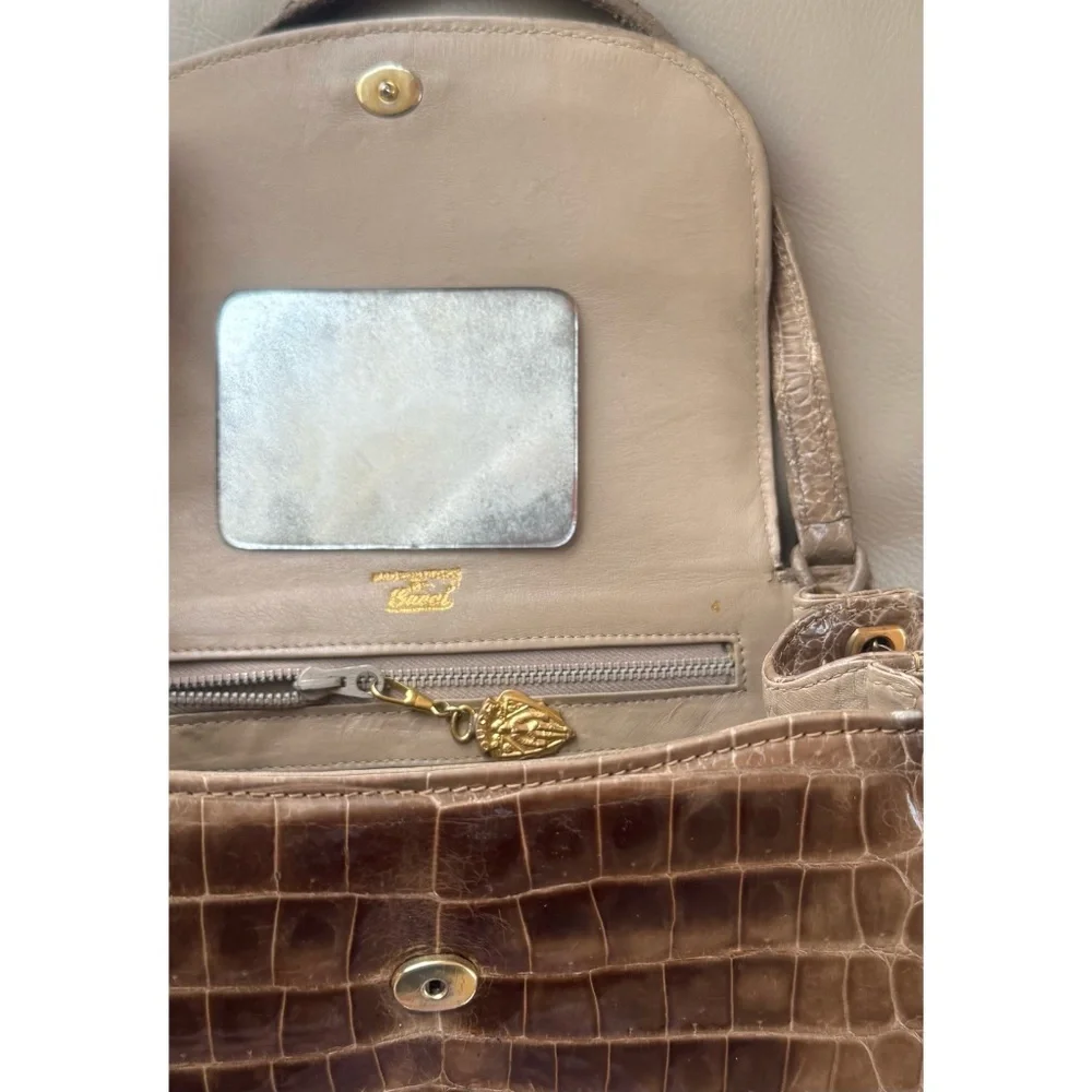 Certified Authentic Vintage Gucci Brown Croco Patent Leather Flap Bag, COA - Picture 8 of 14